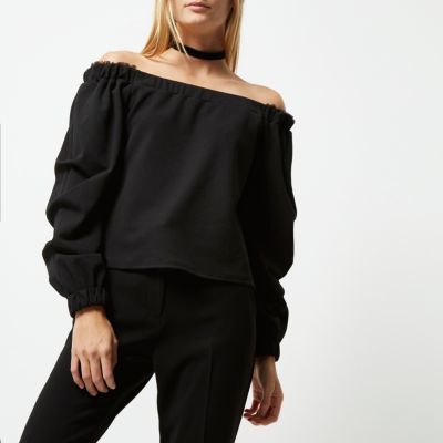 Black ruched sleeve bardot top